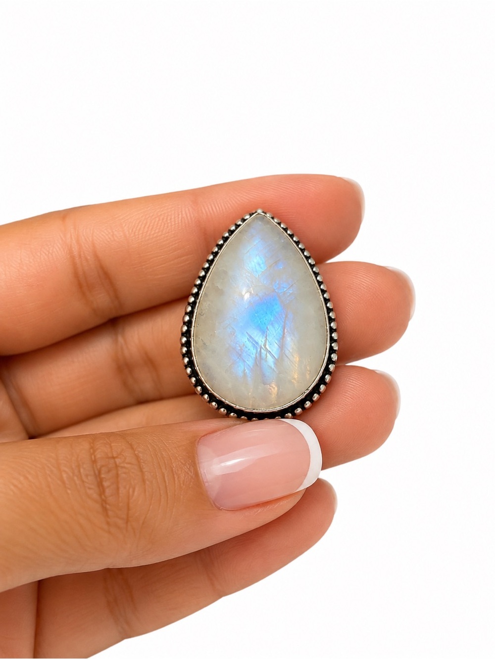 Moonstone Teardrop Statement Ring - Iridescent Blue White